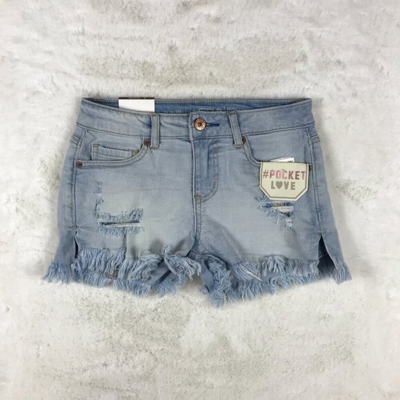VANILLA STAR Distressed Light Blue Embroidered Pocket Hi-Low Jean Shorts 11 - Picture 7 of 8